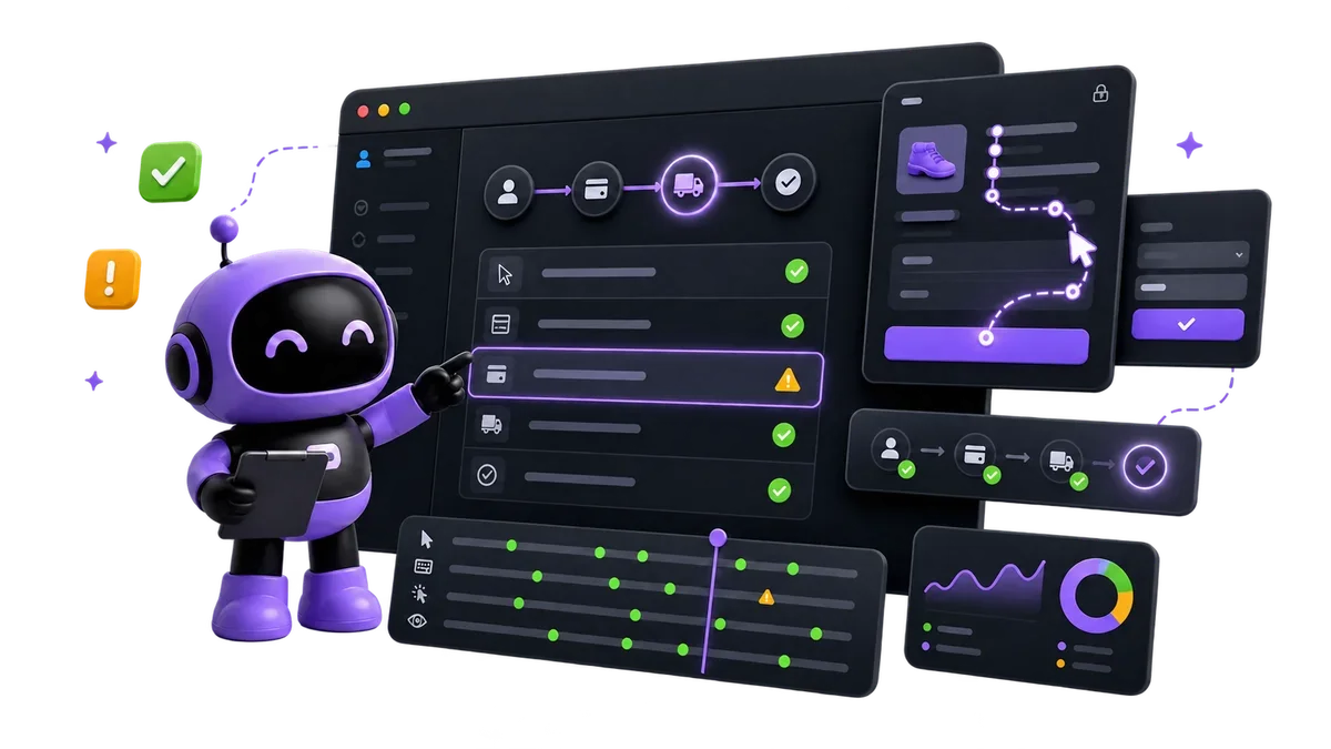 HiTest robot beside a visual overview of browser tests and results